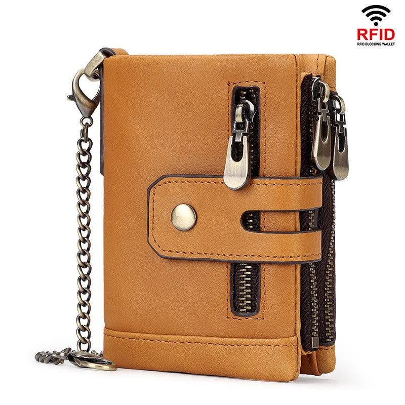 Men's tri-fold genuine leather wallet in brown solid colour with multiple card slots, anti-theft design