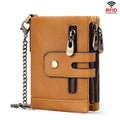 Men's tri-fold genuine leather wallet in brown solid colour with multiple card slots, anti-theft design