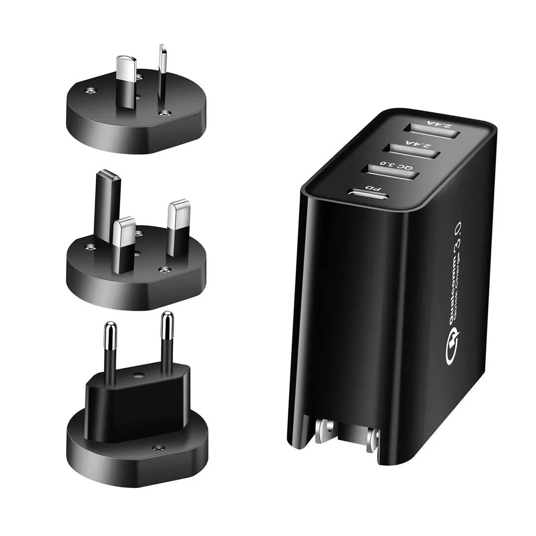 White fast charge wall charger with multiple USB ports on a table.