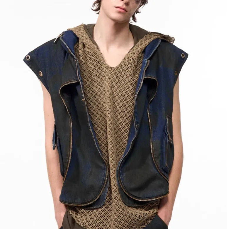 Blue hooded denim vest coat with matching trousers in Korean heavy industry deconstructs style