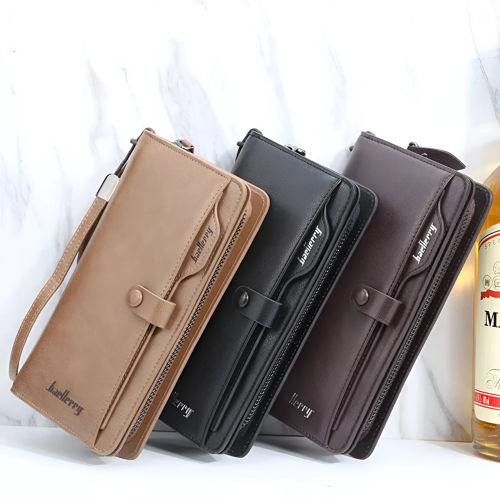 Men's retro multifunction phone bag wallet in brown PU leather with horizontal square design and multiple compartments