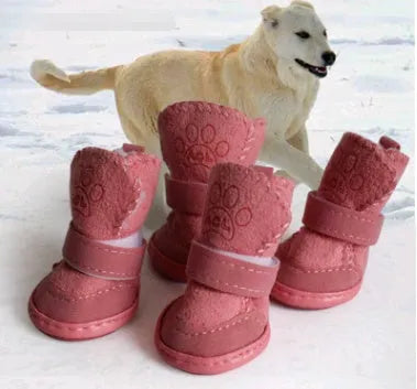 Four khaki velvet dog boots for winter snow walking, size options from small to extra large