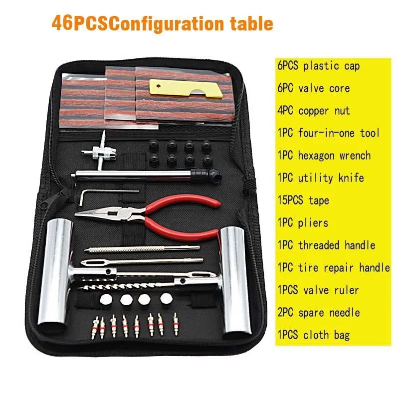 Quick first aid tyre repair kit with 43 steel tools in portable cloth storage bag