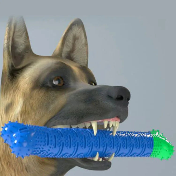 A blue-green silicone dog dental chewing stick with a textured brush head and nodules, showing its 25cm length.