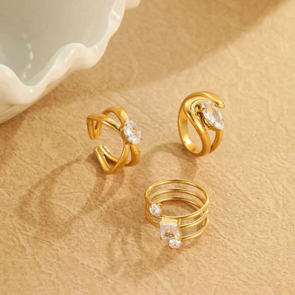 Non-fading inlaid zircon stainless steel open mouth ring for women in horse eye style with electroplated finish