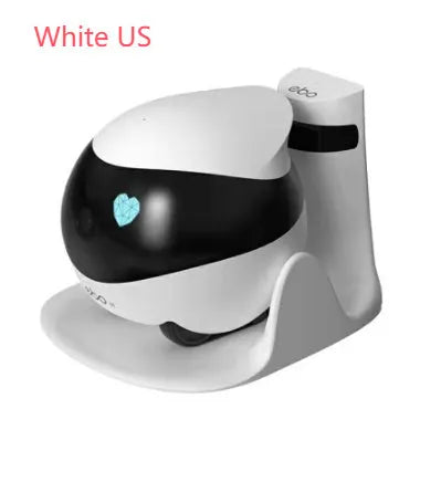 White smart home mobile robot camera with a lens and sensors on a charging dock.