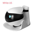 White smart home mobile robot camera with a lens and sensors on a charging dock.