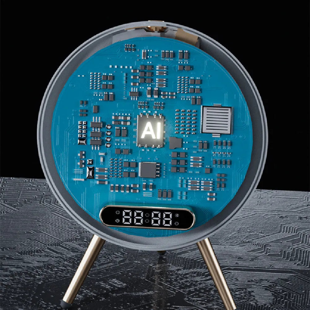 White multi-function LED mirror alarm clock with wireless charger and Bluetooth speaker on a table