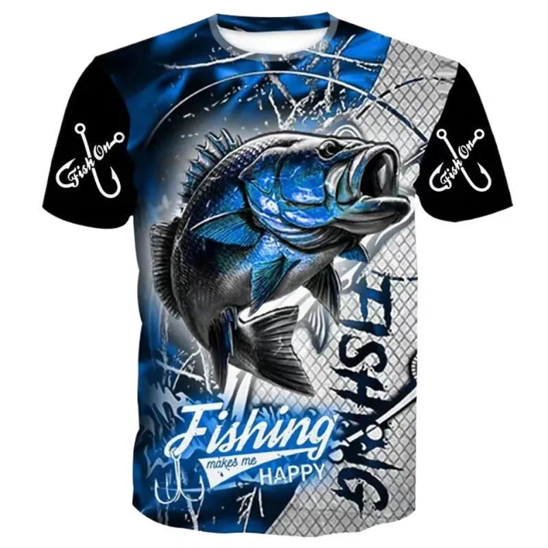 Man wearing a loose-fitting short-sleeve t-shirt with a colourful digital print fishing pattern design.