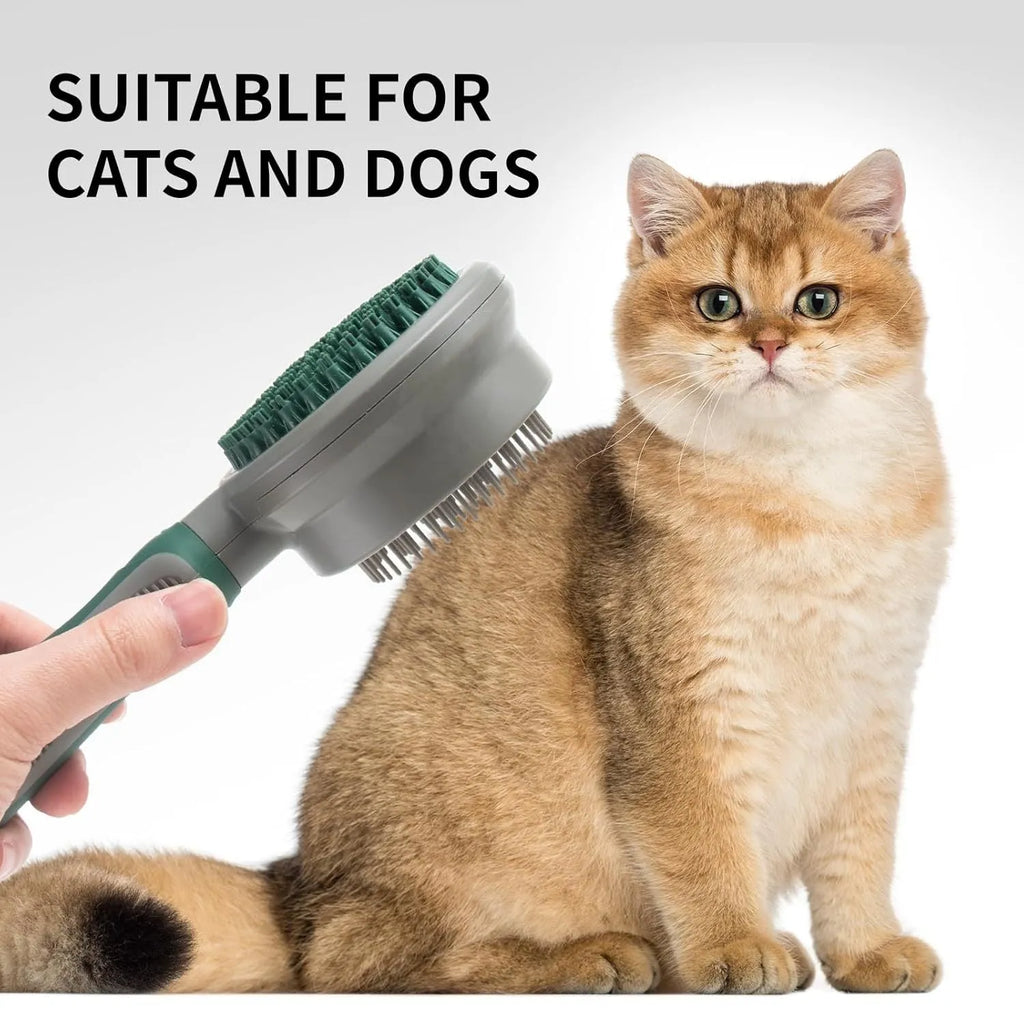 Green and pink two-sided pet brush with retractable slicker brush and silicone octopus-teethed massager