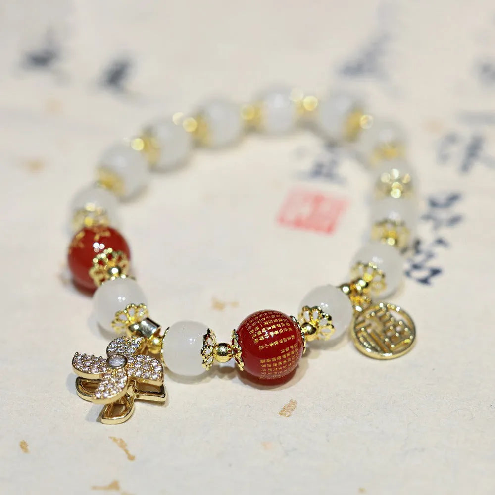 Women's Chinese-style coloured glaze bracelet with fugui safety lock and windmill glass charms