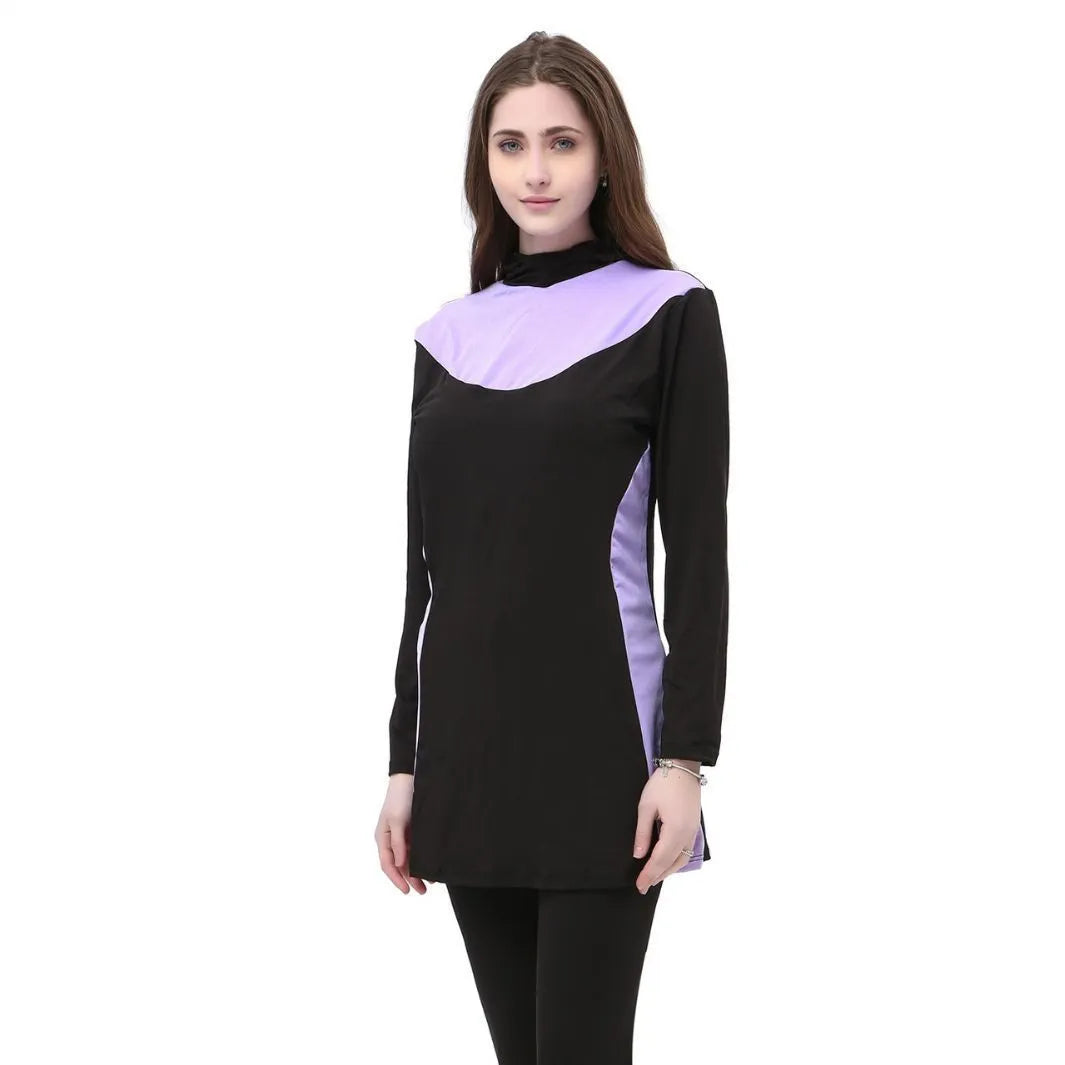 Conservative long sleeve hooded swimsuit for women, shown as a black top and pants set.