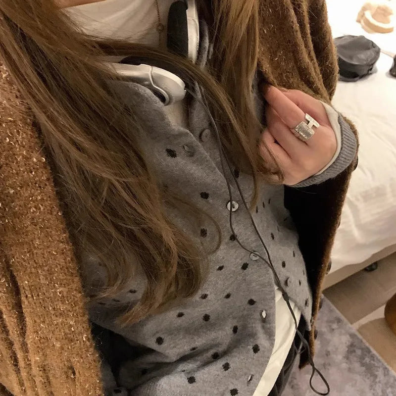 Women's grey dot knitted cardigan with crochet flowers, long sleeves, and loose fit