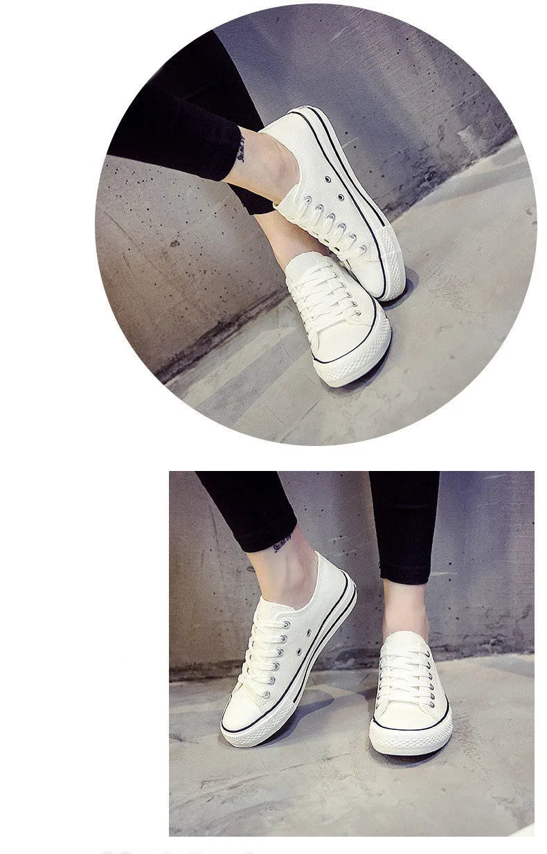 Women's solid-colour canvas shoes in black, white black, white red, or all black colour options
