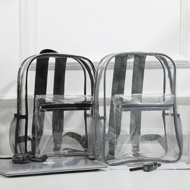 Large transparent PVC travel backpack in black, shown from the side, suitable for airport security and events.