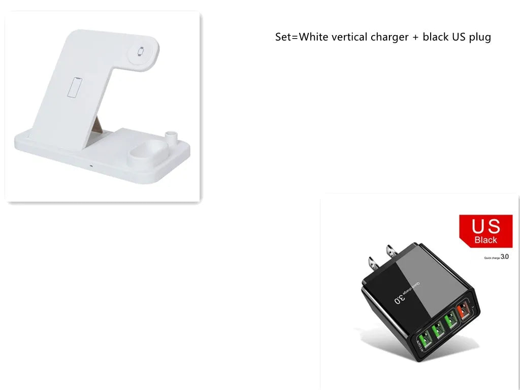 Black 4-in-1 wireless charging dock showing phone on adjustable stand, Apple Watch, AirPods, and Apple Pencil charging simultaneously.