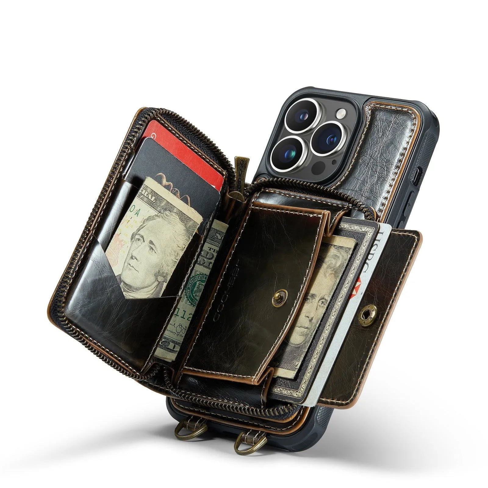 Wallet phone case with card holder for iPhone in black, showing bracket stand and card slots