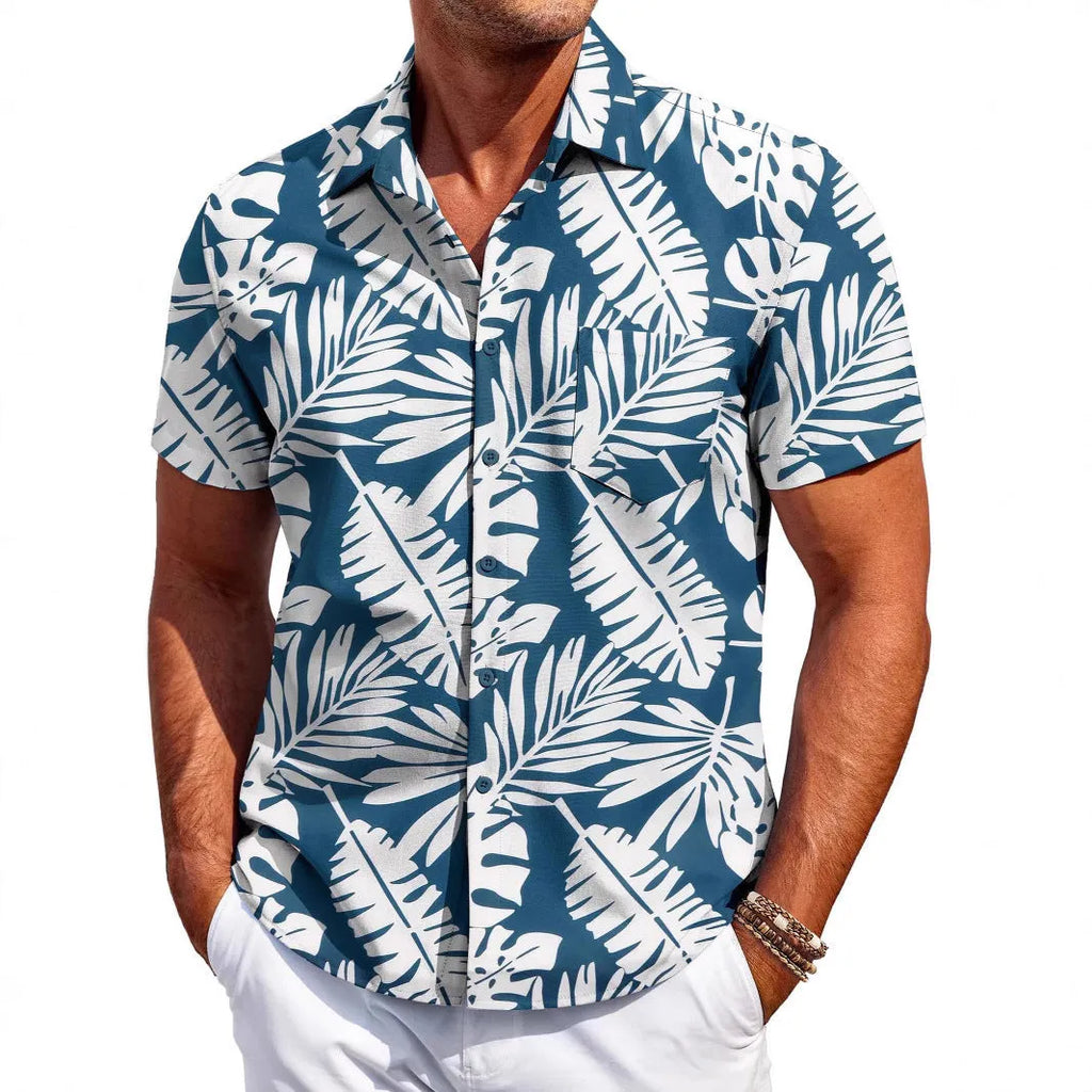 Men's slim fit short sleeve Hawaiian shirt in a cardigan style on a hanger.