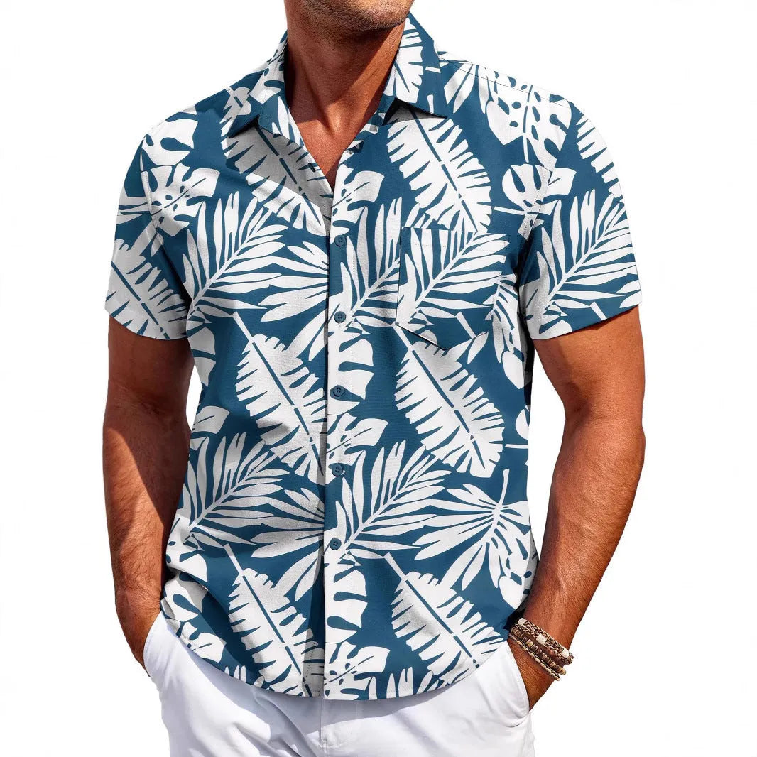 Men's slim fit short sleeve Hawaiian shirt in a cardigan style on a hanger.