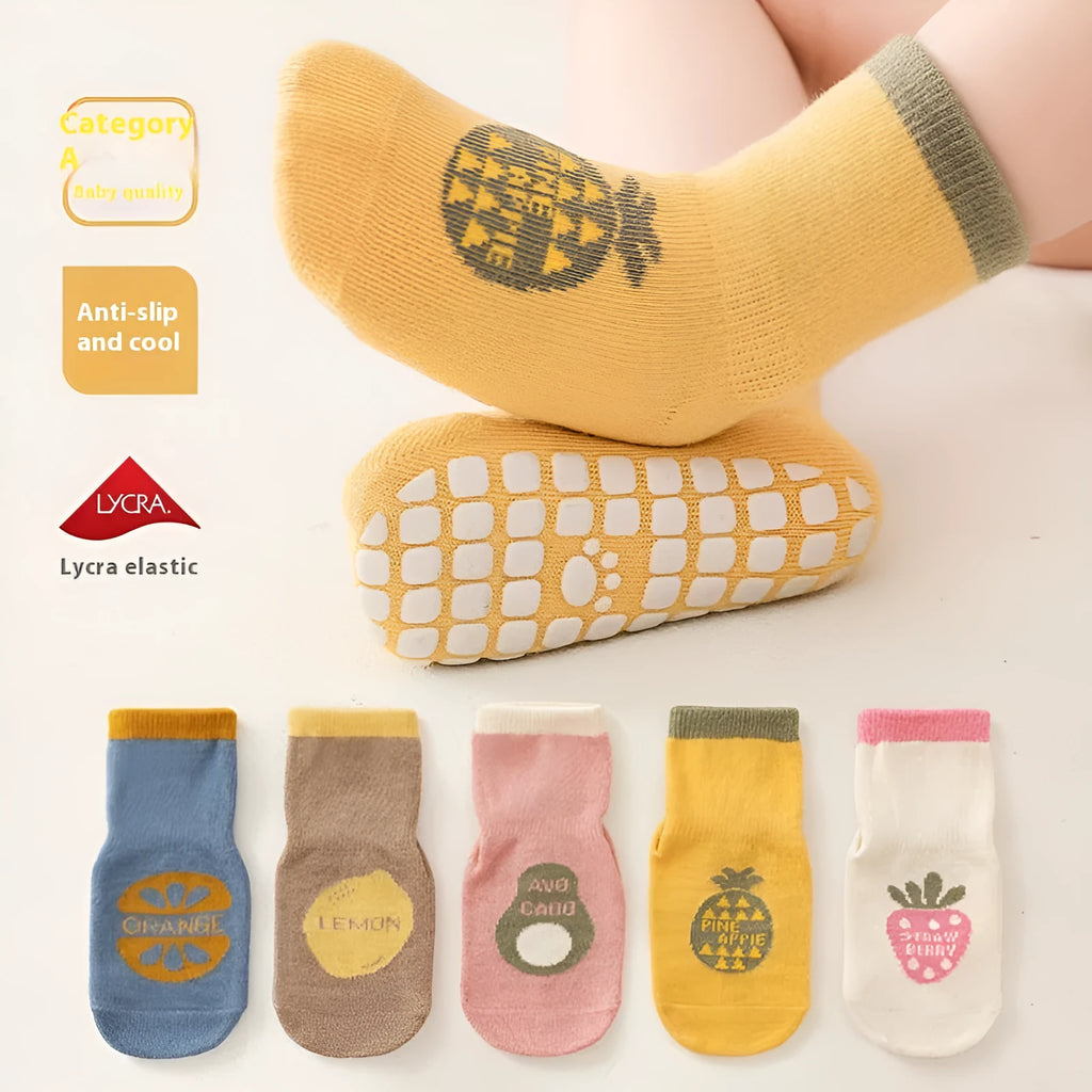 Combed cotton cartoon fruit print mid-calf socks in pink avocado colour on neutral background