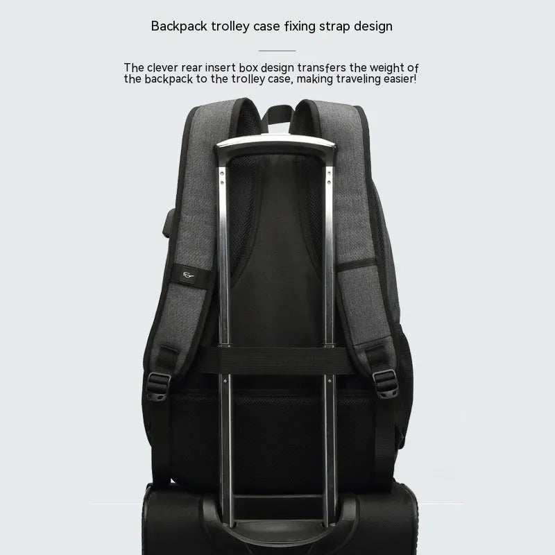 Light grey nylon backpack with USB charging port showing dimensions and trolley case attachment