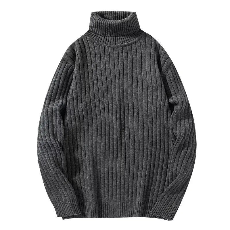Men's loose fit turtleneck sweater in black twist strip fabric for autumn winter layering