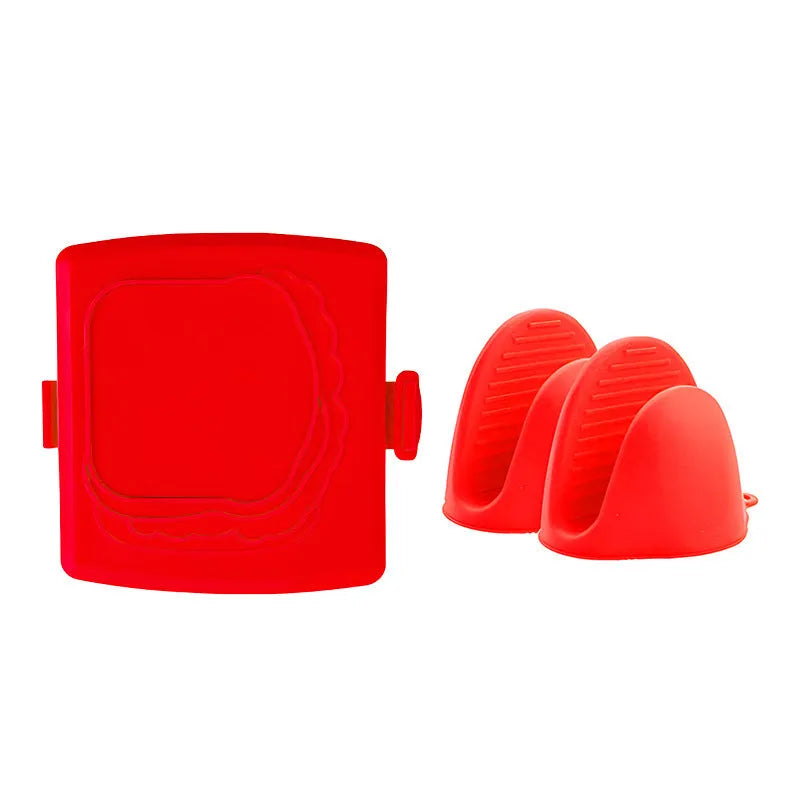 Red silicone baking tray and heat-resistant gloves set in colour box packaging