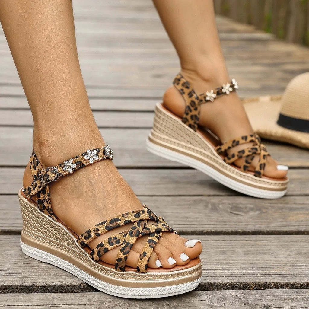 Light brown suede platform sandals with ankle buckle and open toe design