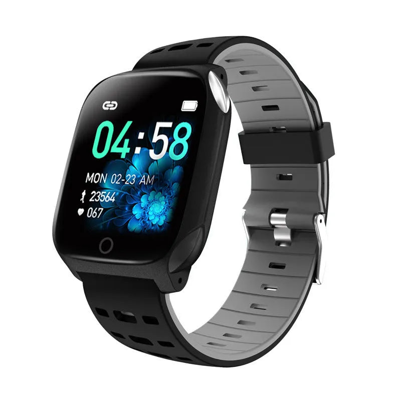 F16 Smart Watch with ECG monitoring on silicone wristband showing black/green, black/grey, and black/red colour options