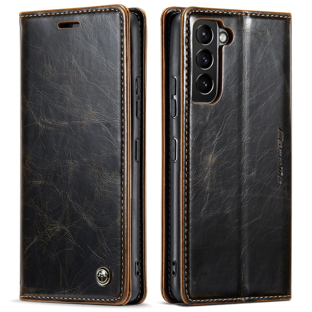 Crazy Horse pattern card flip phone case for Samsung A55 in black leather with closure