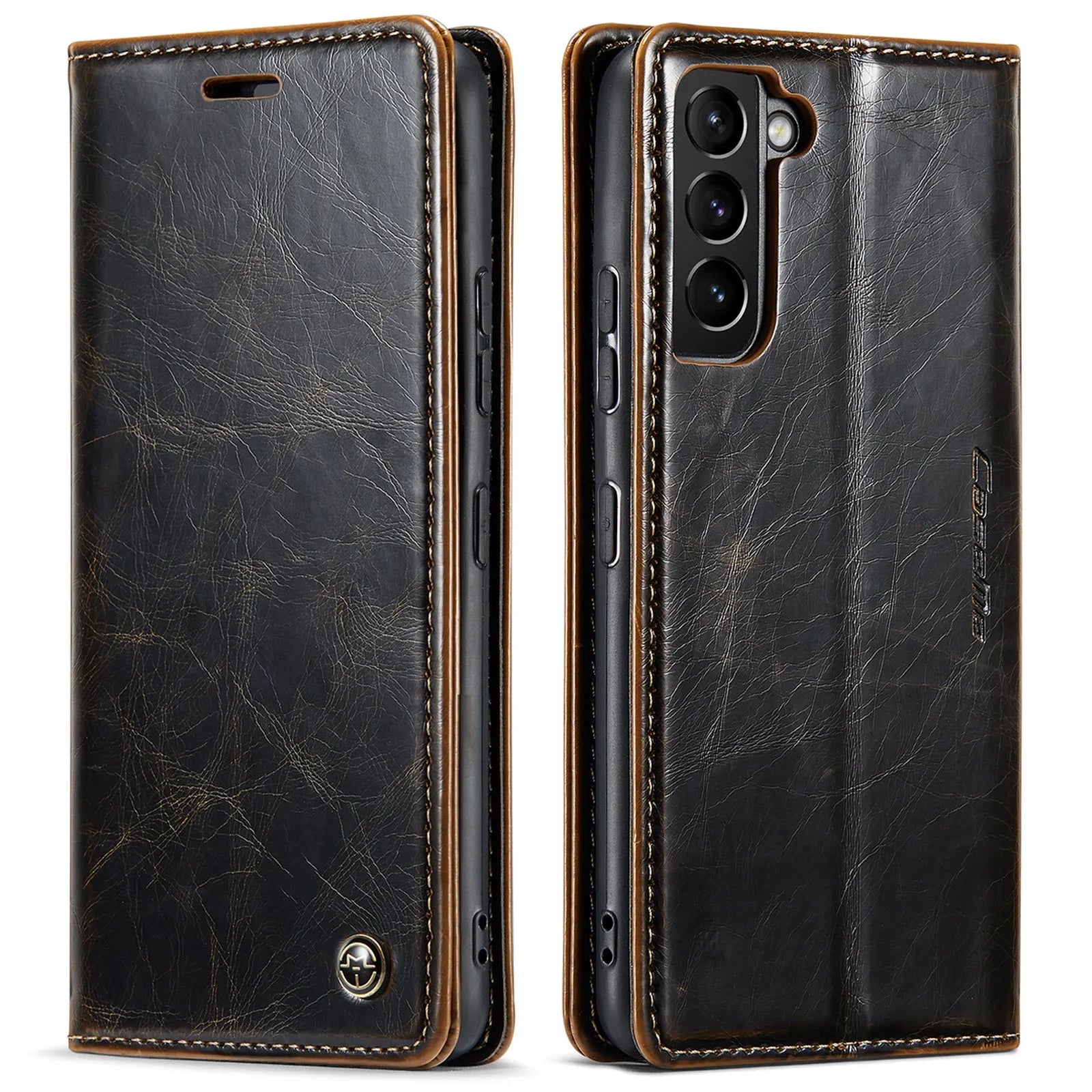 Crazy Horse pattern card flip phone case for Samsung A55 in black leather with closure