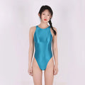 Plus size women's glossy one piece swimsuit in stretch nylon on a hanger.