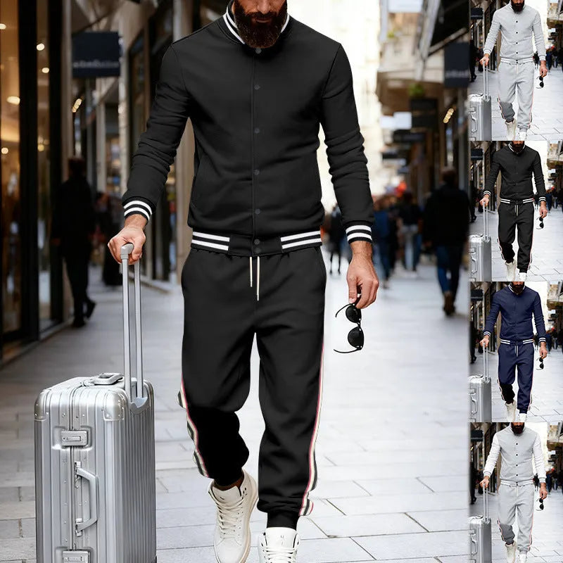 Striped tapered pants two-piece set in black with wool lining jacket and trousers on a model