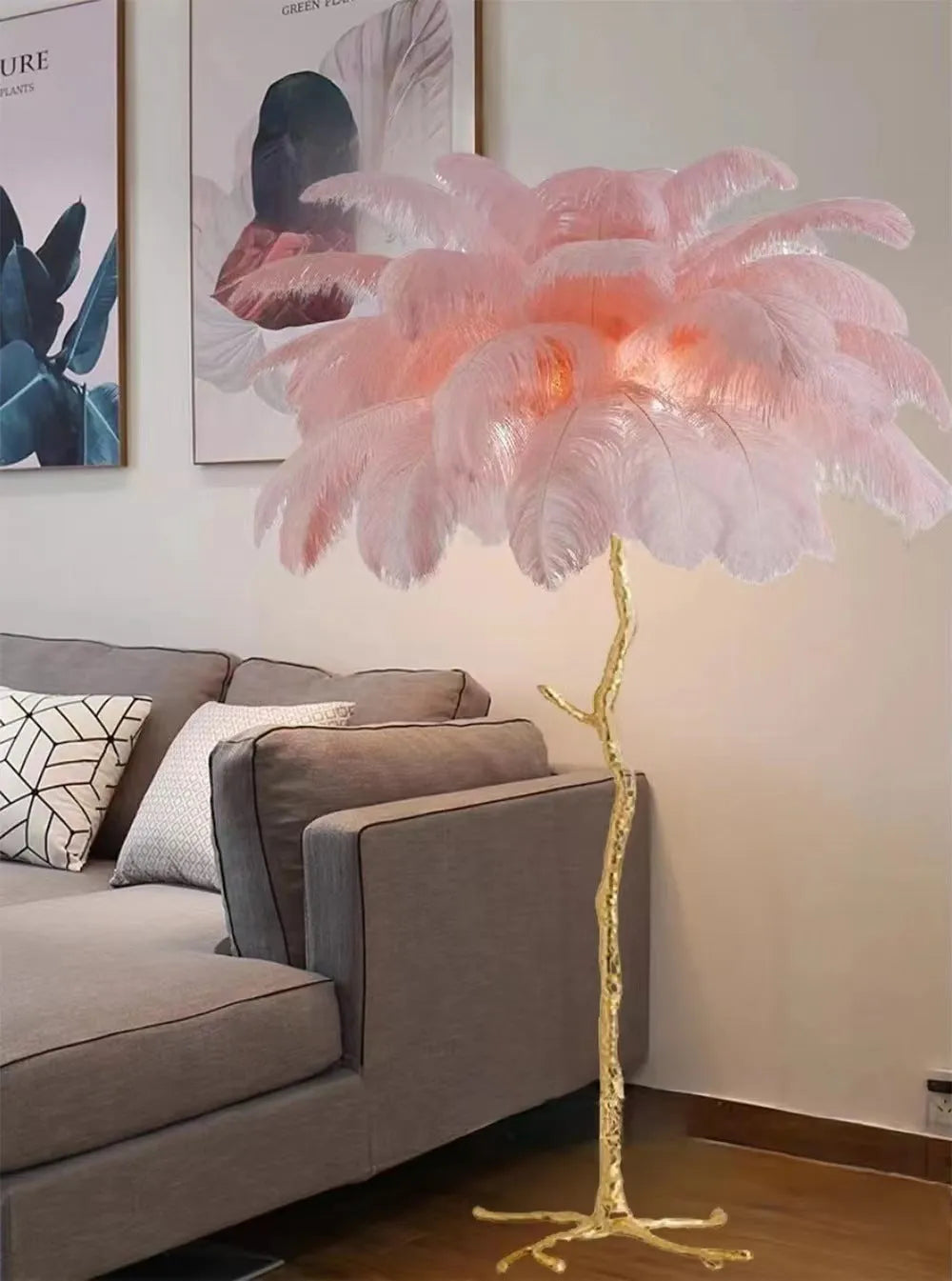 170cm tall decorative floor lamp with resin feathers in dark green, pink or white colours