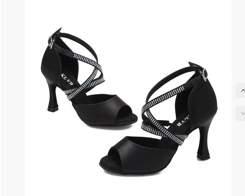 Women's Latin dance shoes in black with hot drilling detail, soft bottom, and leather sole, sizes 34 to 45