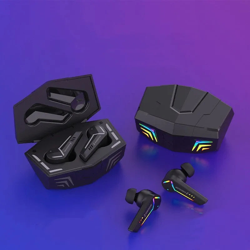 Small black wireless Bluetooth earplug headset for sports and gaming.