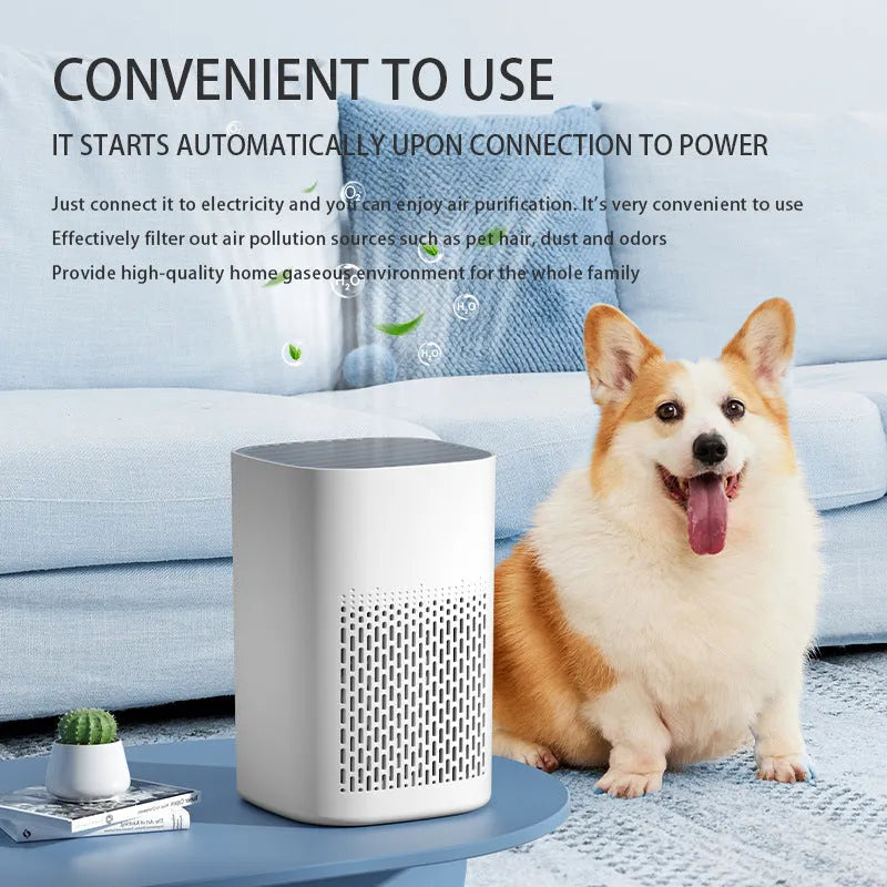 Compact desktop USB air purifier deodoriser with simple modern design on a desk.