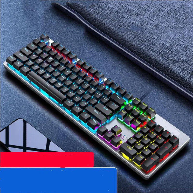 AOC GK410 black mechanical keyboard with backlit keys on a desk, showing full 104-key layout and metal construction