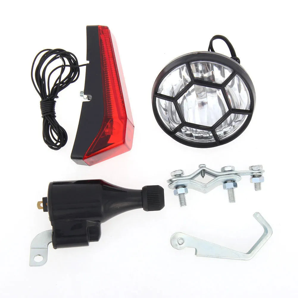 Silver bicycle dynamo generator light modification kit with wiring for headlight and tail light connections.