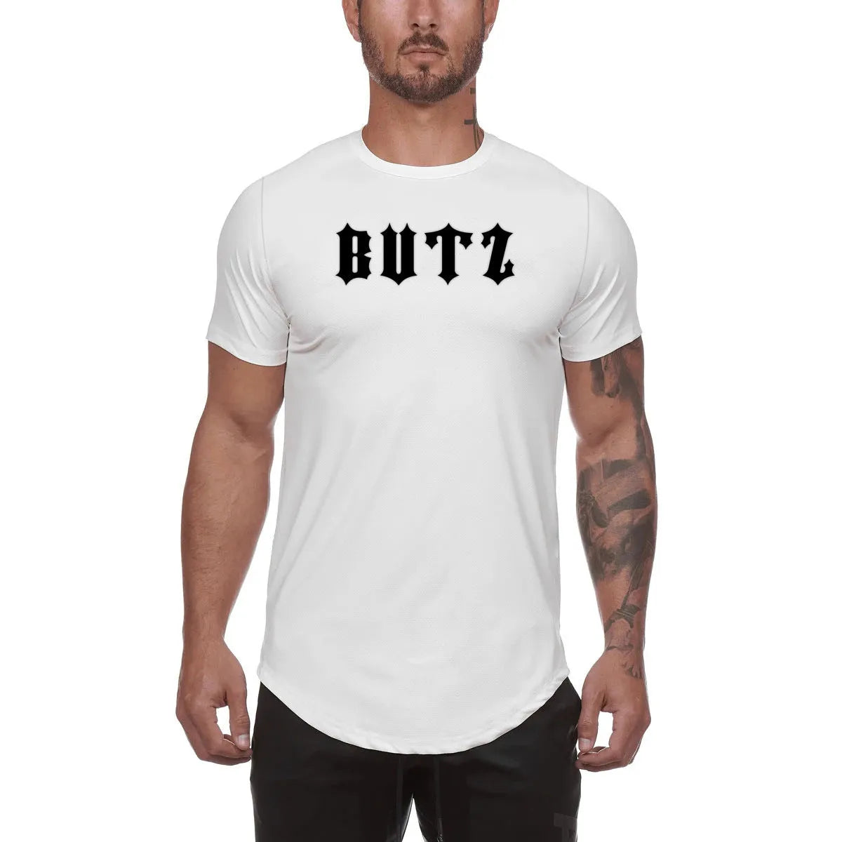 Custom mens fitness sports shirt in cotton-spandex blend, showing colour options: Army Green, Black, and White, some with a letter print.