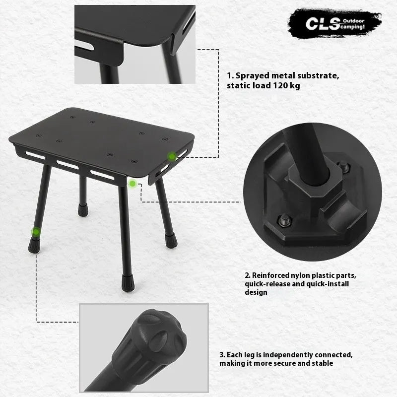 CLS aluminium folding camping stool shown in dual-use mode as a seat and small table with storage bag.