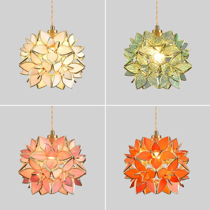 Stained glass hanging chandelier with coloured shades and copper lamp heads on adjustable cable