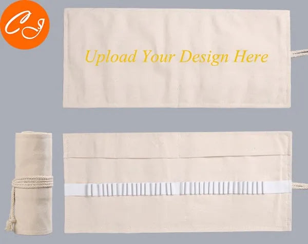 Canvas pencil wrap roll up case with elastic bands showing multiple slots for pens and pencils