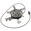 Silver stainless steel split camping stove with folded legs and a coiled 100cm fuel hose, shown next to a ruler showing 155mm length.