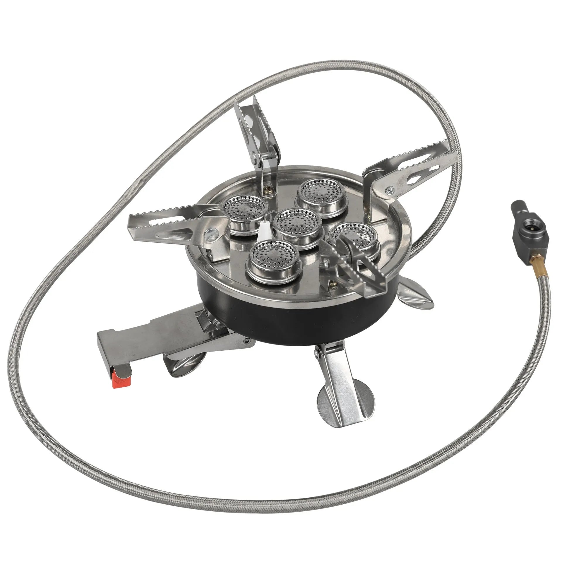 Silver stainless steel split camping stove with folded legs and a coiled 100cm fuel hose, shown next to a ruler showing 155mm length.