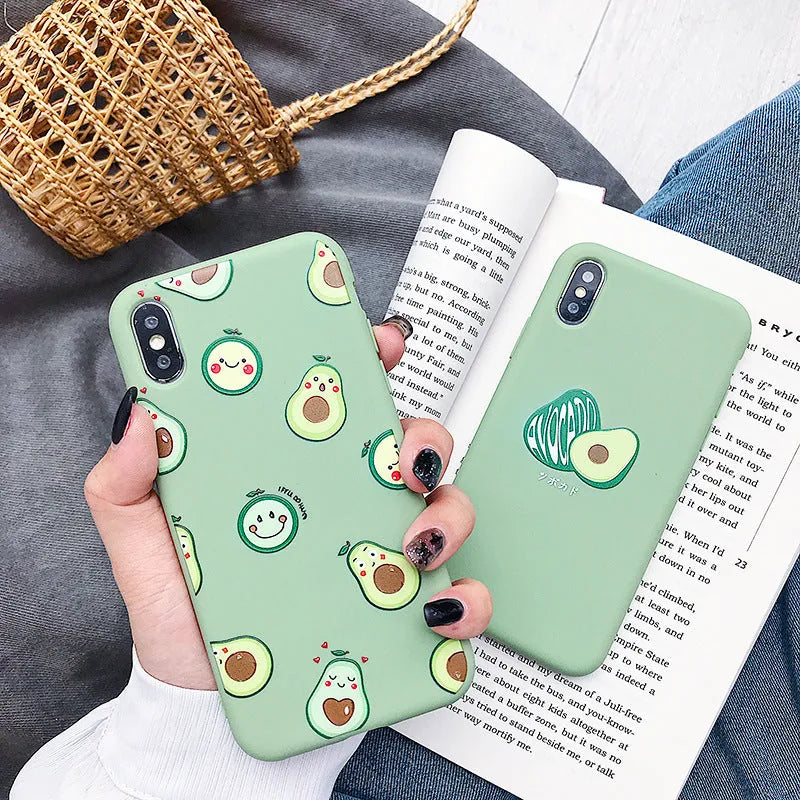 Green avocado cartoon print on a flexible black TPU mobile phone back cover case.
