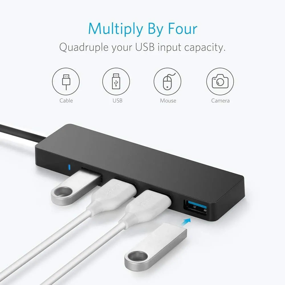 Black USB 3.0 hub with four ports, LED indicators, and a 30cm connecting cable.