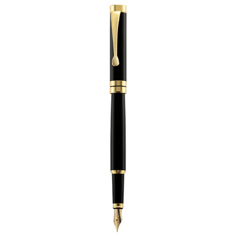 Metal fountain pen with F 0.5mm nib in black body with gold clip, showing 140mm length