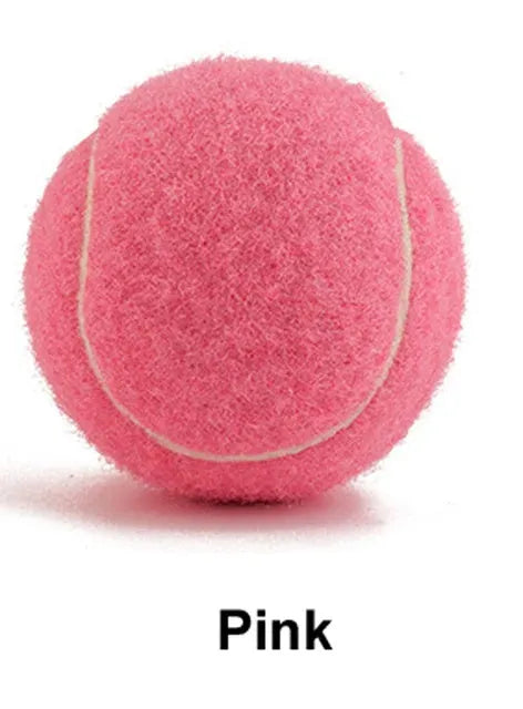 Bright pink, blue, yellow, green, and orange 6.3cm rubber tennis balls for dogs on grass.