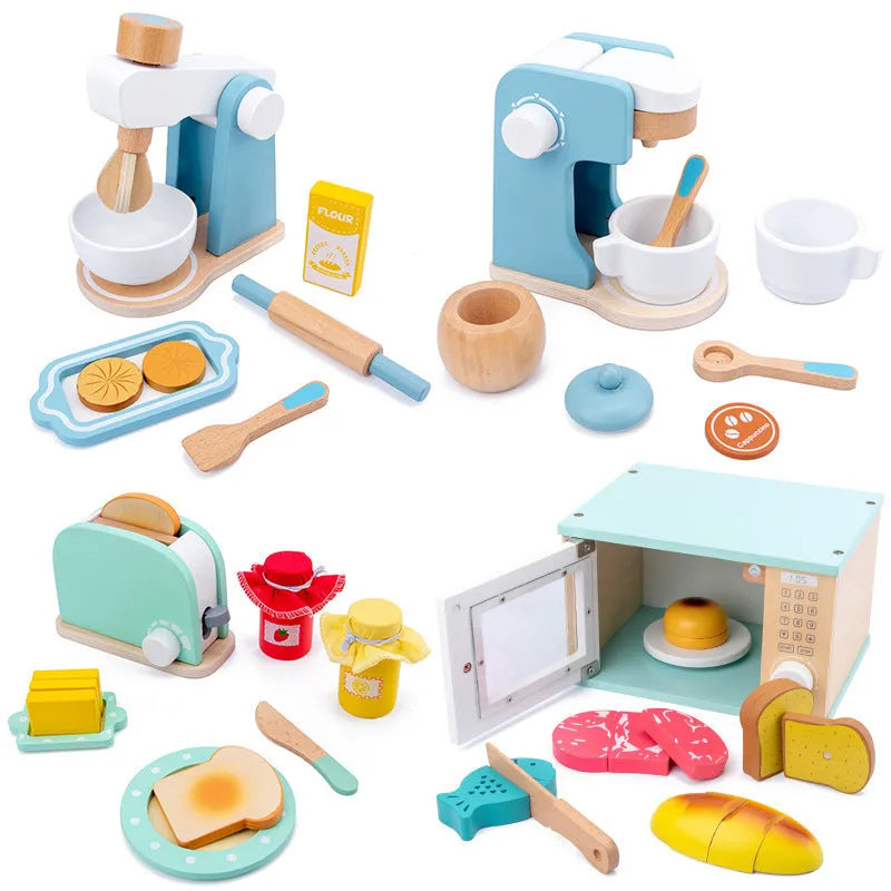 Wooden simulation play house set with blender, bread machine, coffee machine, juicer, and microwave oven in colour box